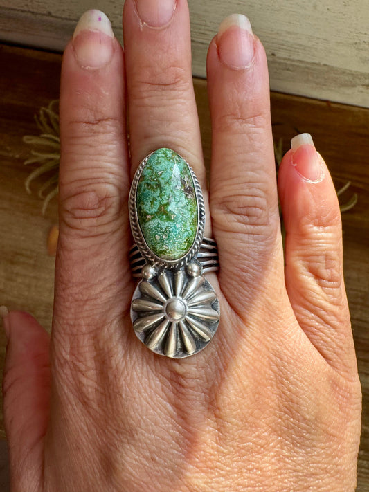 Green Turquoise Concho Ring – Size 9 – Navajo Handmade by Boyd Ashley