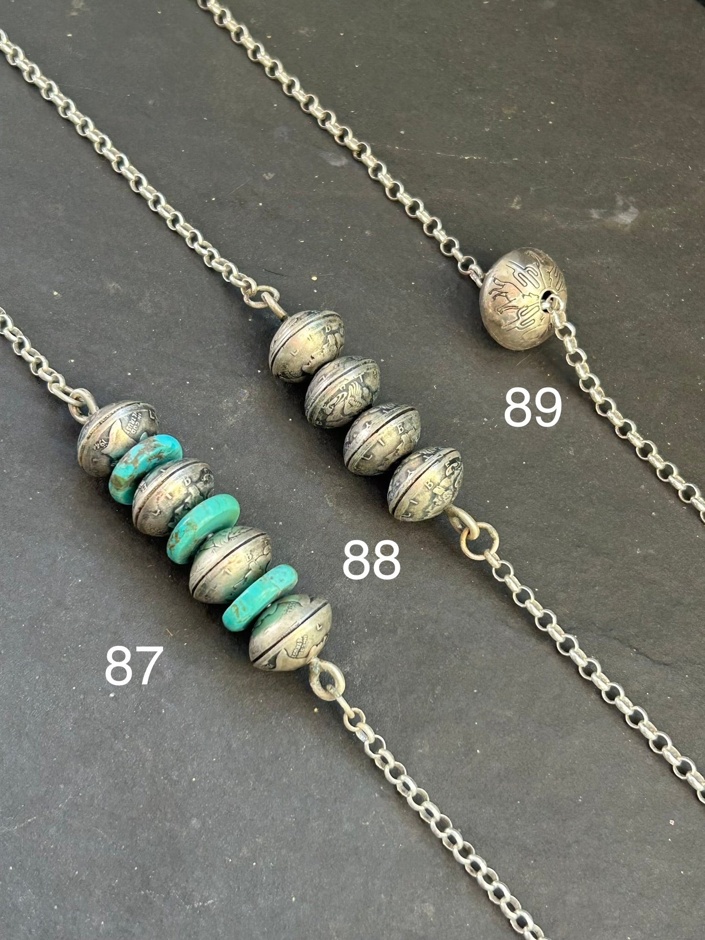 87 - Sterling Silver Kingman Turquoise & Mercury Dime Bar Necklace by Jason Ogg