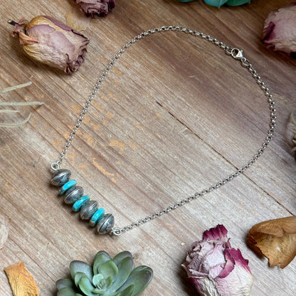 87 - Sterling Silver Kingman Turquoise & Mercury Dime Bar Necklace by Jason Ogg