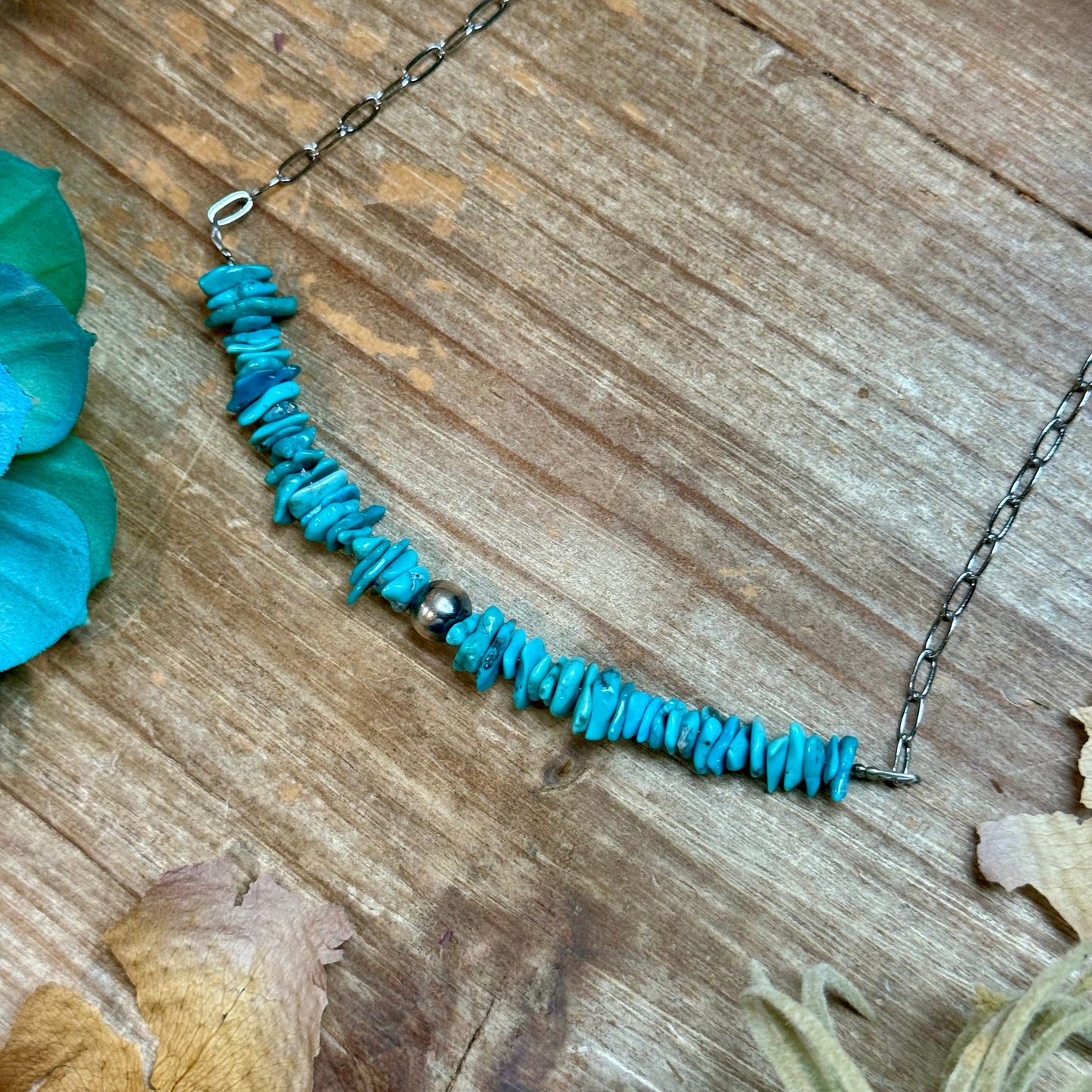 15” Turquoise Chip Paperclip Necklace – Sterling Silver Accent