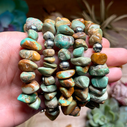Green Turquoise Nugget Bracelet with Sterling Silver Pearls – 7” + Extender